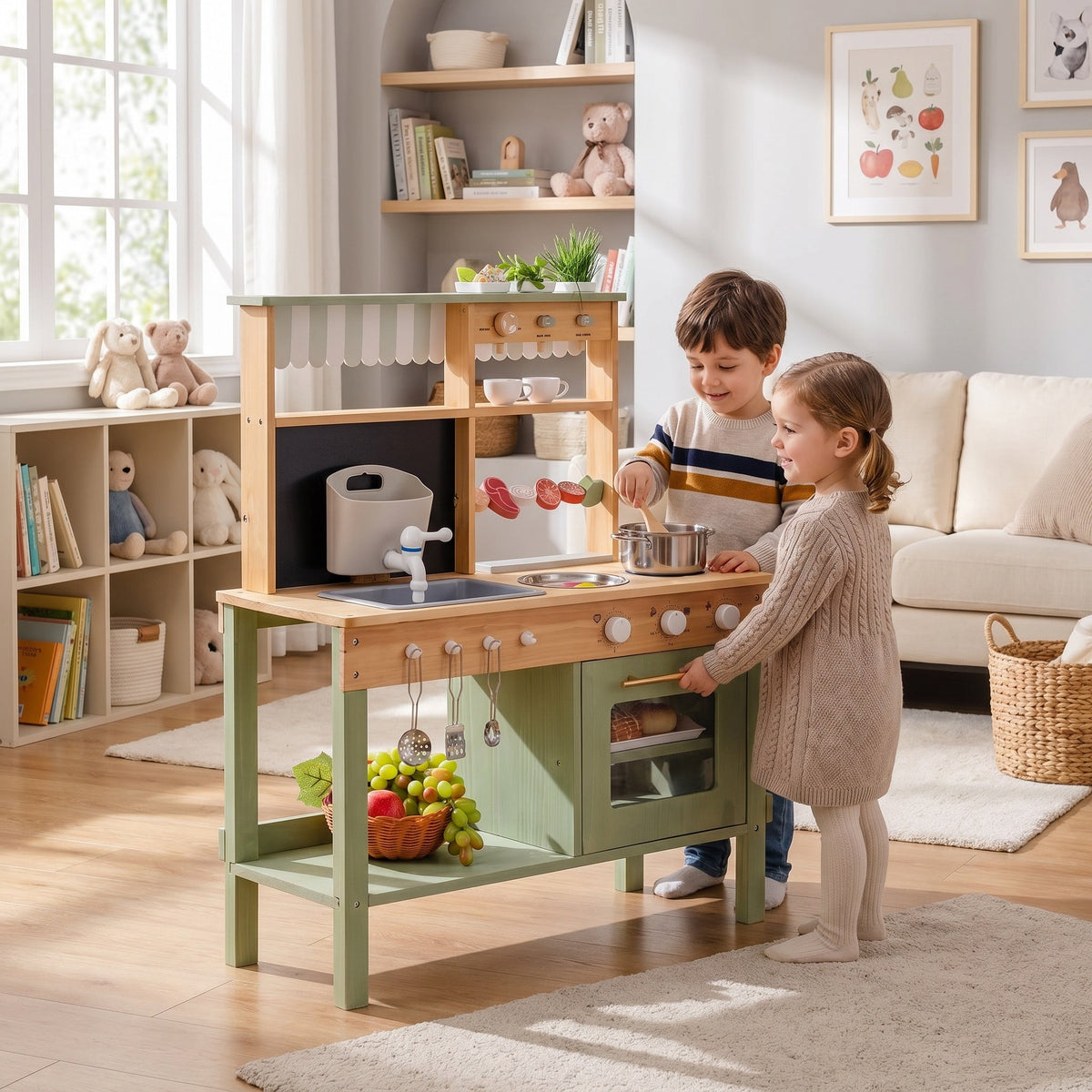 Wooden Montessori Kitchen with Sink, Oven, and Accessories