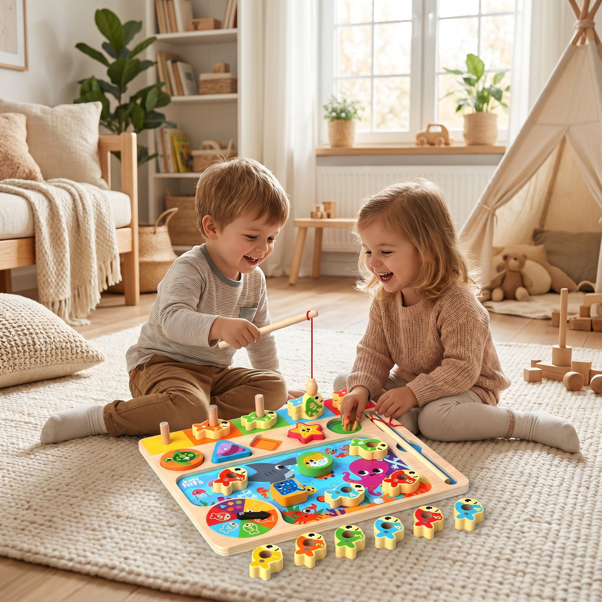 Montessori Wooden Fishing Game with Color Sorting