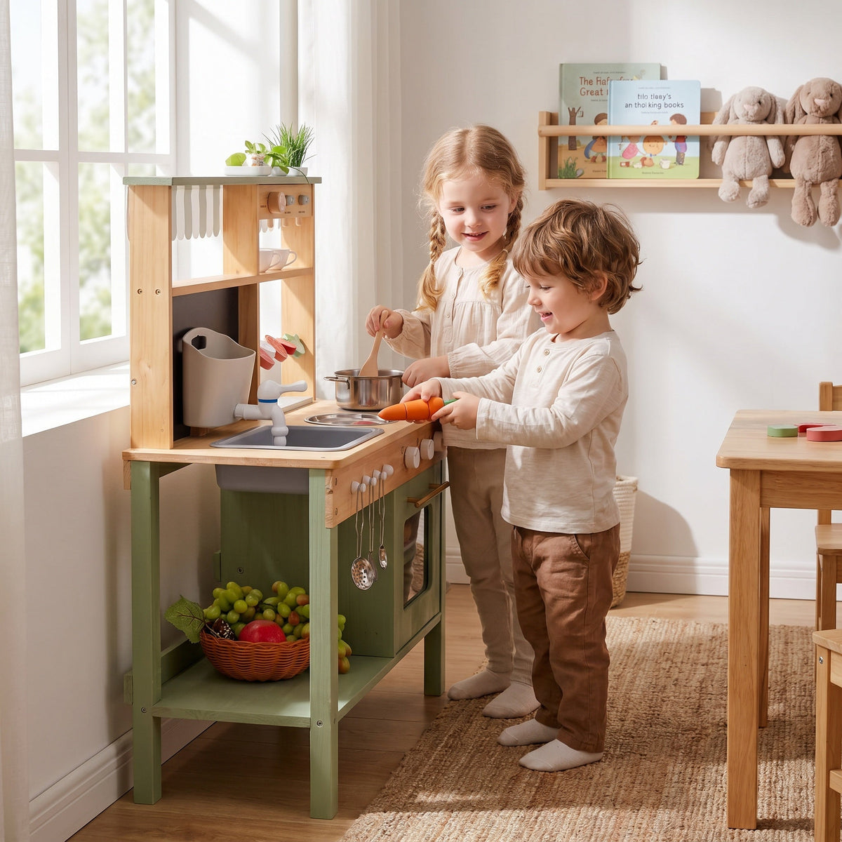 Wooden Montessori Kitchen with Sink, Oven, and Accessories