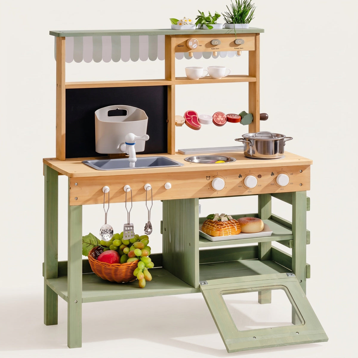 Wooden Montessori Kitchen with Sink, Oven, and Accessories