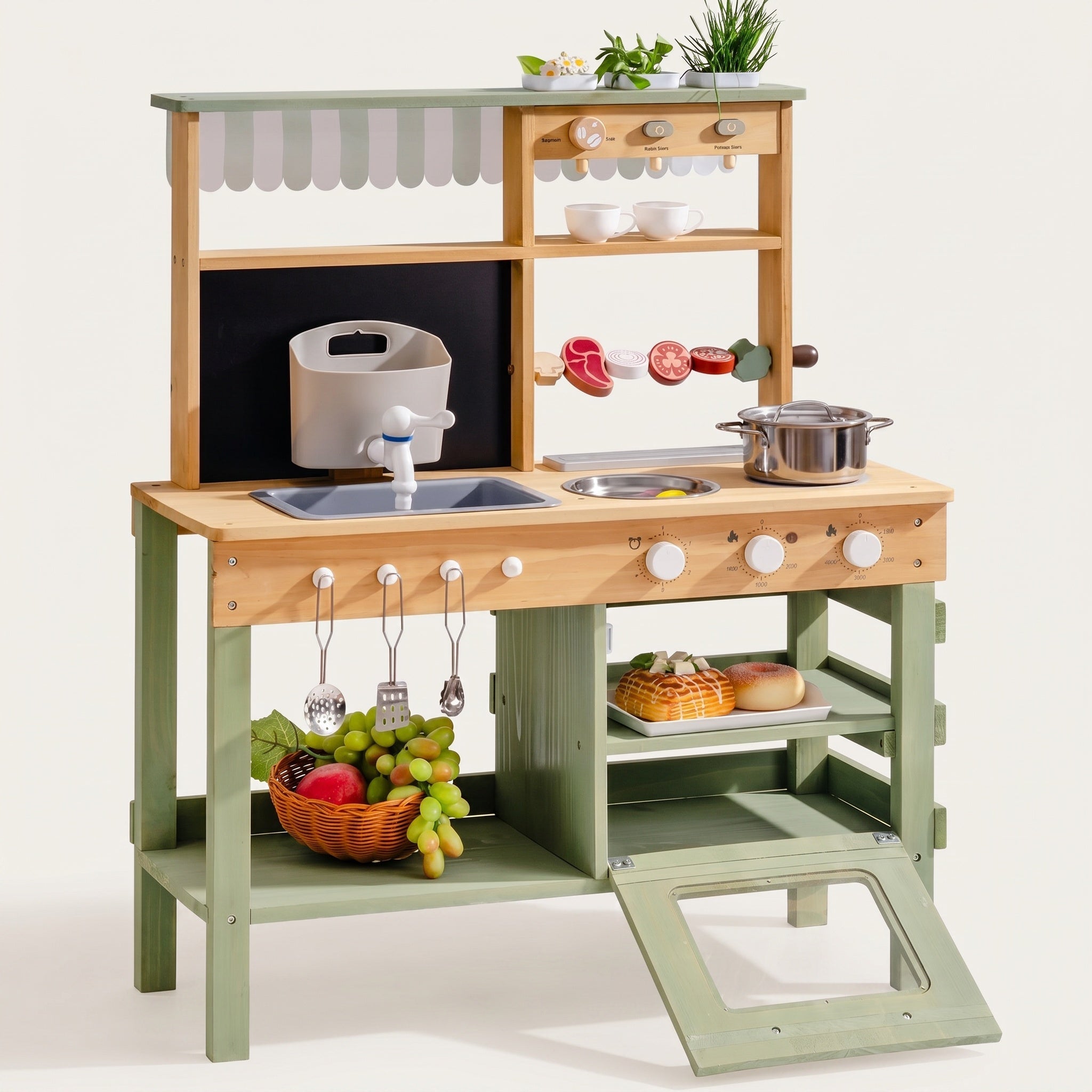 Wooden Montessori Kitchen with Sink, Oven, and Accessories