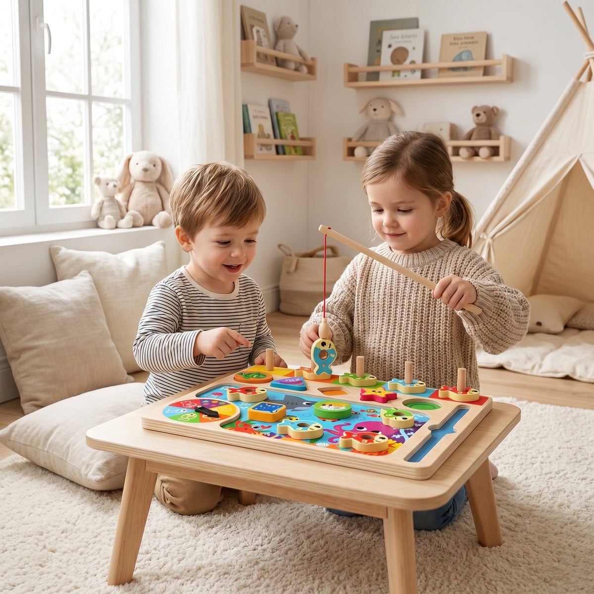 Montessori Wooden Fishing Game with Color Sorting