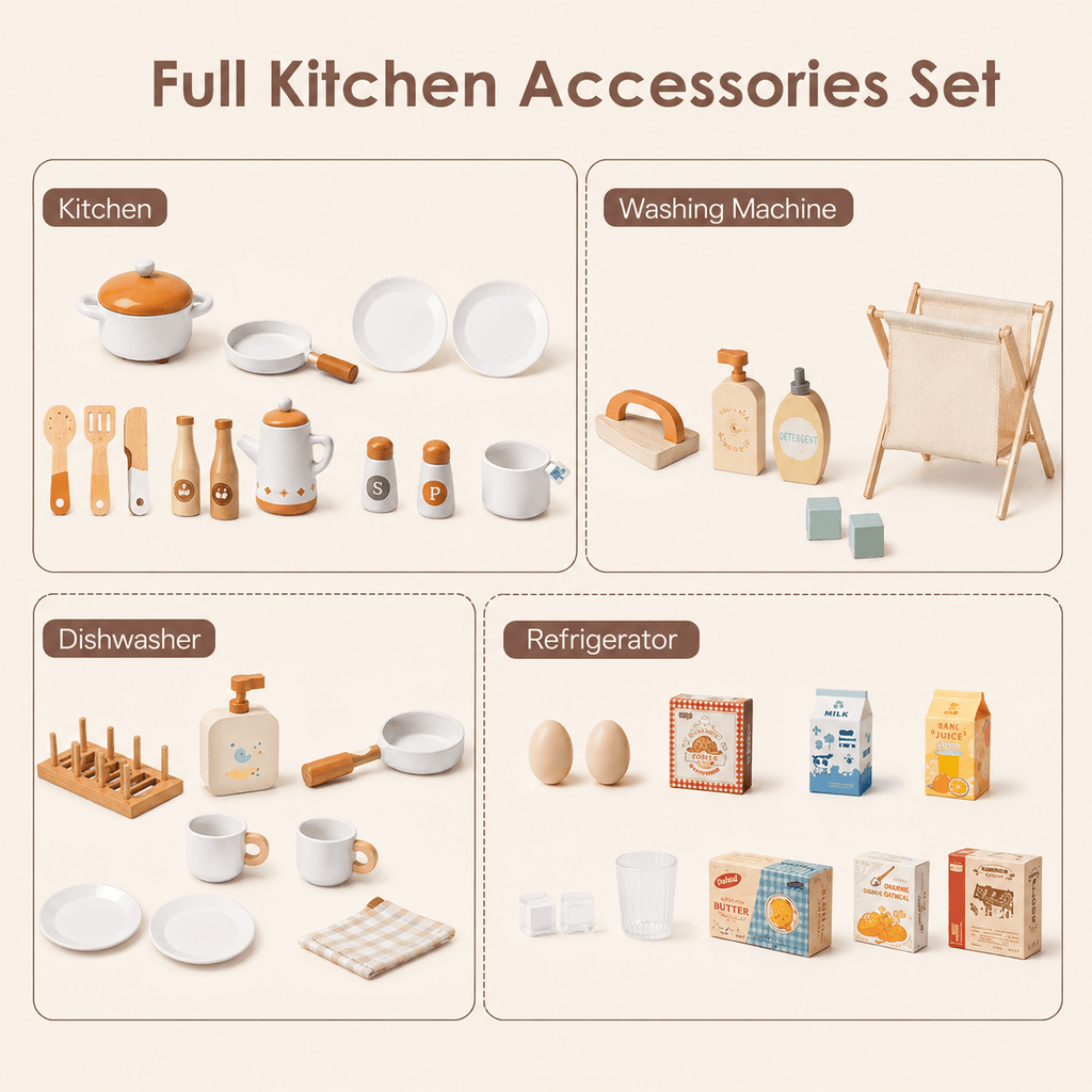 Kids Wooden Play Kitchen Full Set Apricot Montessori & Toys