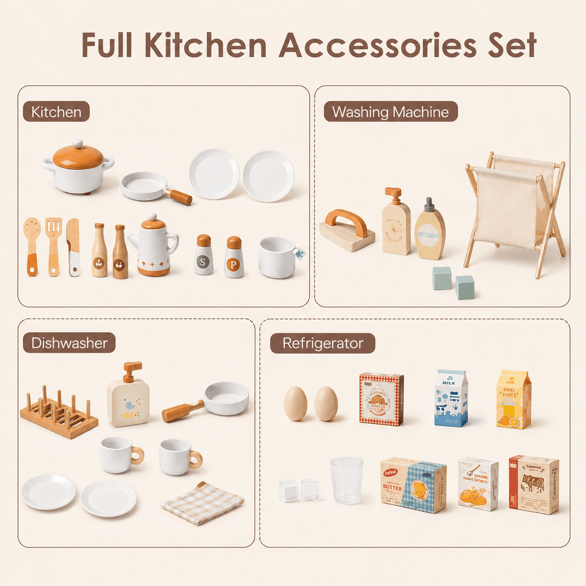 Kids Wooden Play Kitchen Full Set Apricot Montessori & Toys