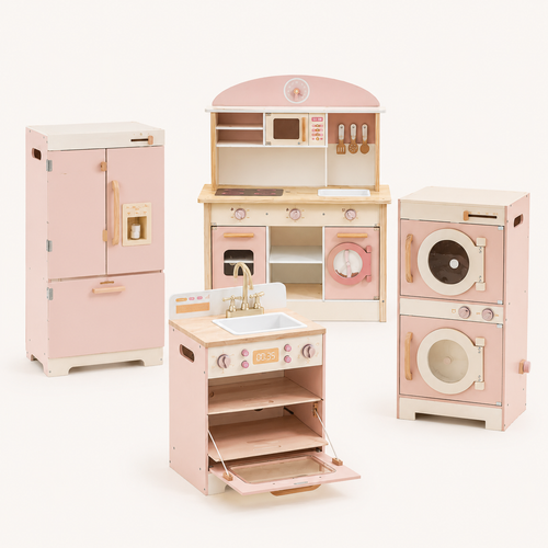Kids Wooden Play Kitchen Full Set Pink