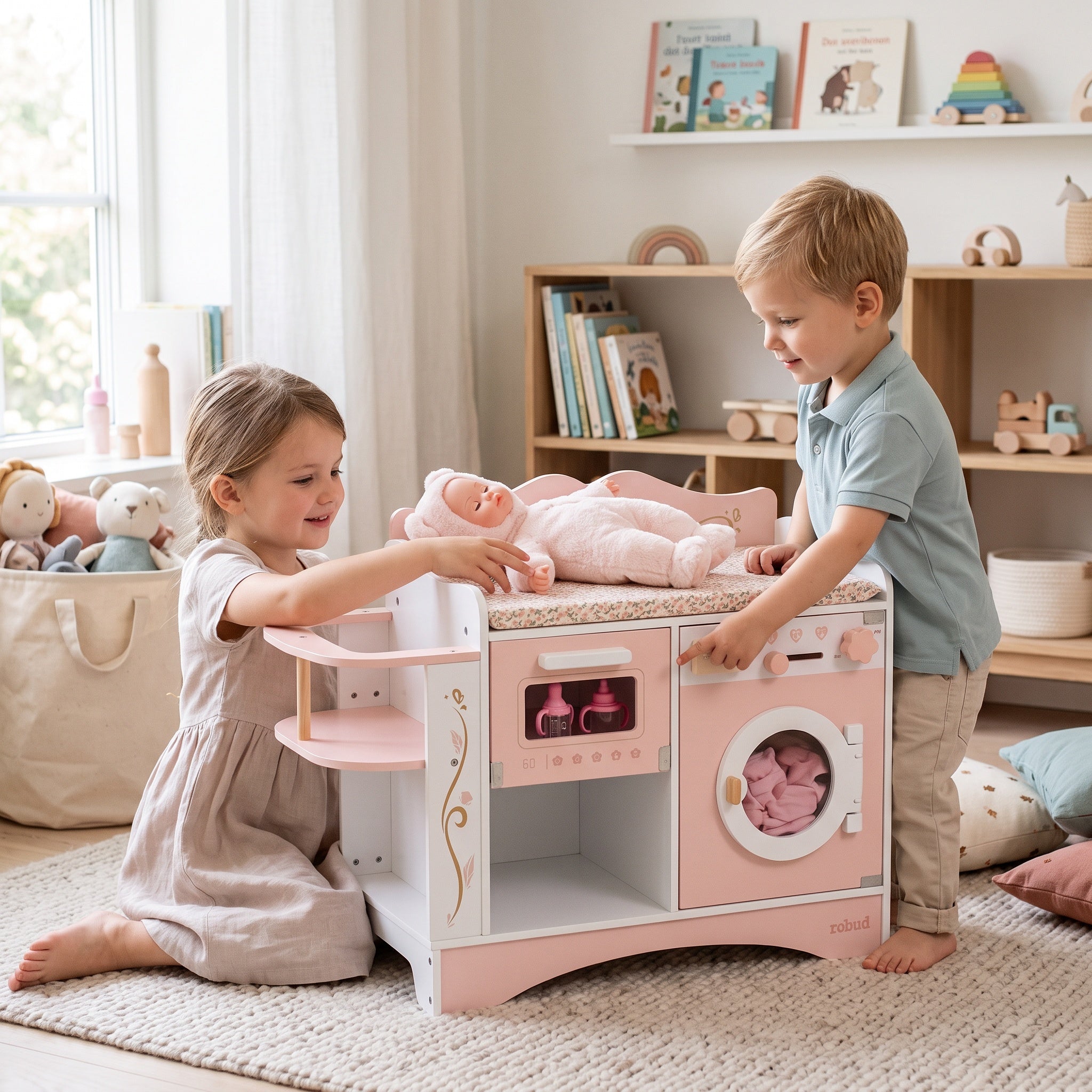 6-in-1 Wooden Changing Table for Montessori Dolls